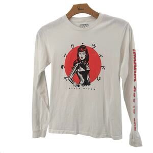 Marvel White Black Widow Cotton Graphic T-Shirt Mens Small Long Sleeve Crew Neck